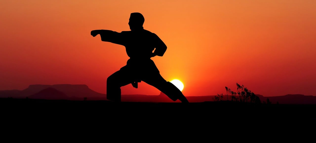 Karateka oefent techniek bij ondergaande zon